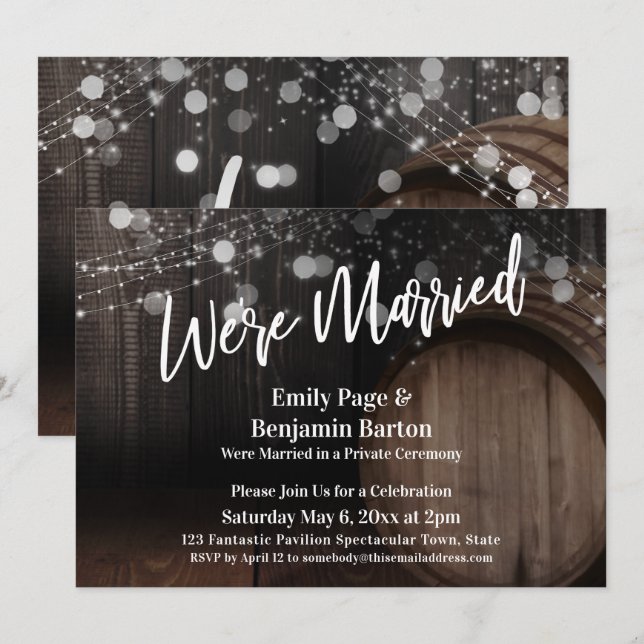 We're Married Rustic Wood Barrel and Lights Invitation (Front/Back)