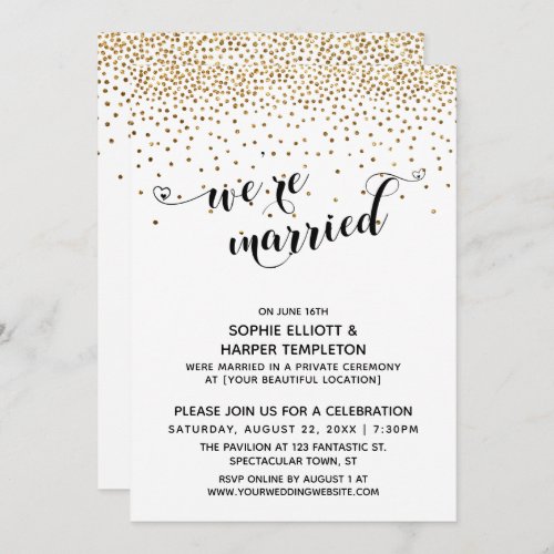 Were Married Script Gold Confetti Reception Invitation