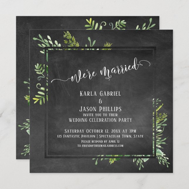 We're Married Script Greenery Bouquet Chalkboard Invitation (Front/Back)