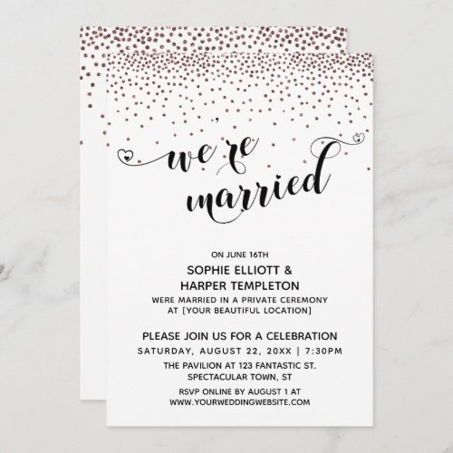 Were Married Script Rose Gold Confetti Reception Invitation