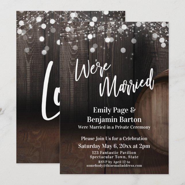 We're Married Wood Wine Barrel Lights Reception Invitation (Front/Back)