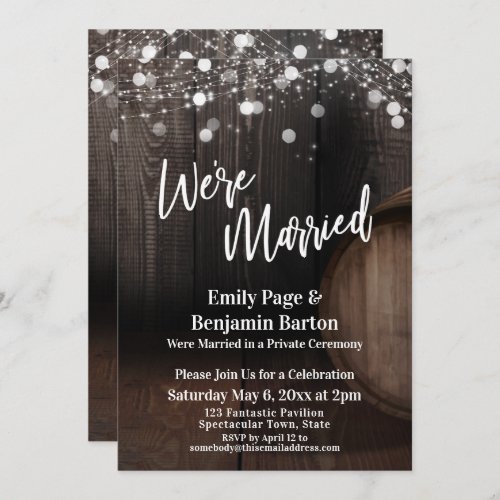 Were Married Wood Wine Barrel Lights Reception Invitation