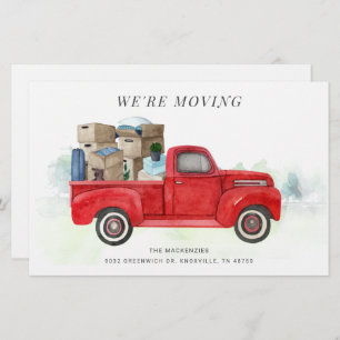 We're Moving Watercolor Red Truck Address Change Stationery