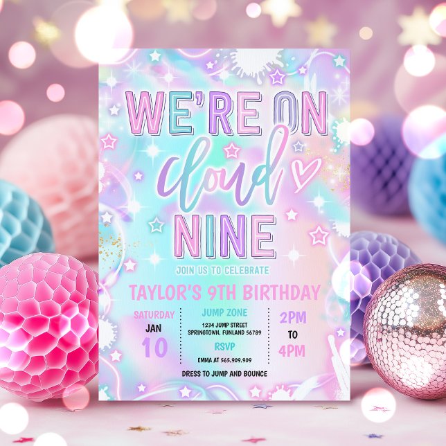 We're On Cloud 9 Neon Glow 9th Birthday Party Invitation (Creator Uploaded)