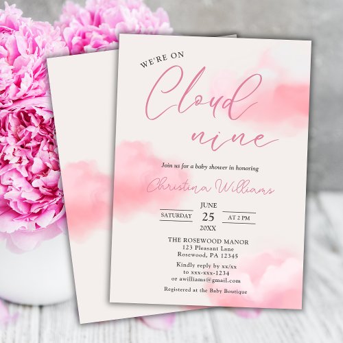 Were on Cloud 9 Pink Girl Baby Shower Invitation