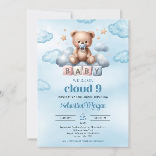 Were on cloud nine brown boy teddy bear on cloud invitation