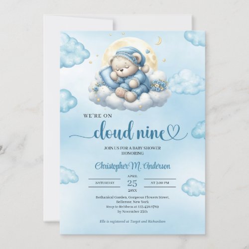 Were on cloud nine cute teddy bear sleeping boy invitation