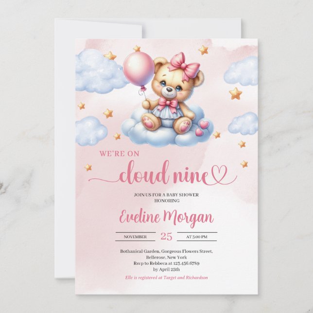 We're on Cloud nine girl baby shower invitation (Front)