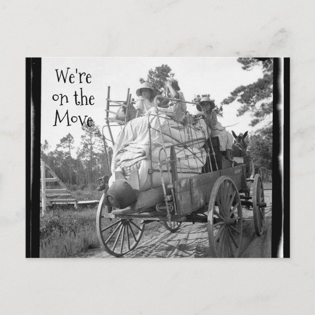 We're on the Move! Vintage Wagon Family Postcard (Front)