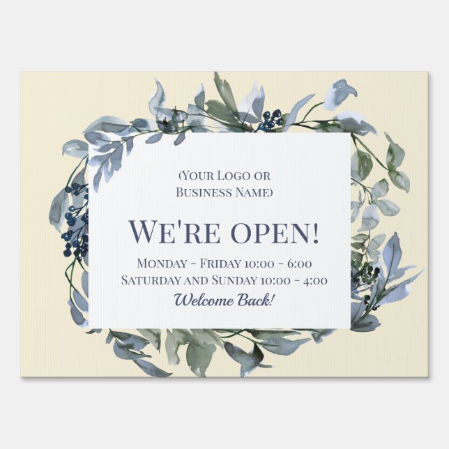 We're Open Blue Floral Your Logo Business Sign (Front)