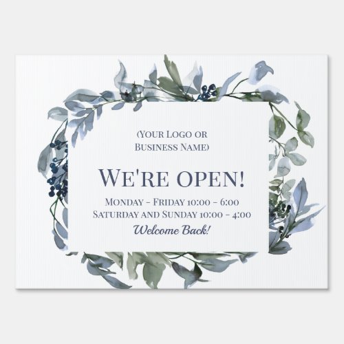 Were Open Blue White Floral Your Logo Business Sign