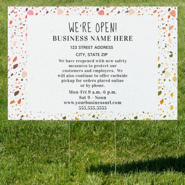 We're Open Business Covid Safety Desert Terrazzo Sign (Insitu)
