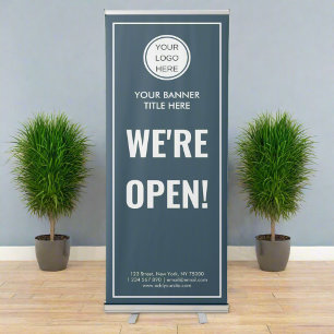 We're Open Business Logo Adverting Navy Blue Retractable Banner