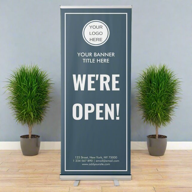 We're Open Business Logo Adverting Navy Blue  Retractable Banner (Creator Uploaded)