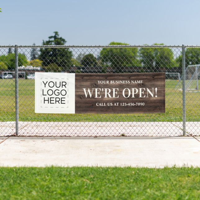 We're Open Business Logo Rustic Wood Banner (Insitu)