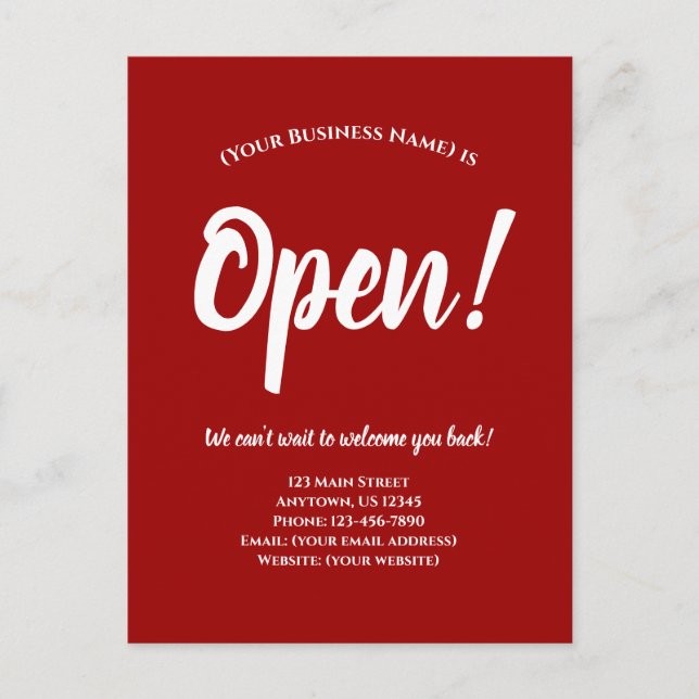 We're Open Business Reopening Announcement Red Postcard (Front)
