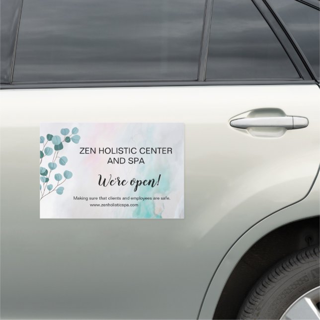 We're Open COVID Safety Teal Black Spa Eucalyptus Car Magnet (In Situ)