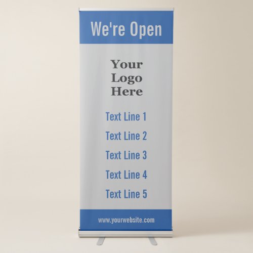 Were Open Gray and Blue Your Logo Here Retractable Banner