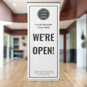 We're Open l Business Logo Clean Black & White Retractable Banner