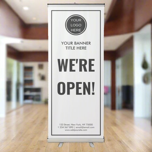 Were Open l Business Logo Clean Black  White Retractable Banner