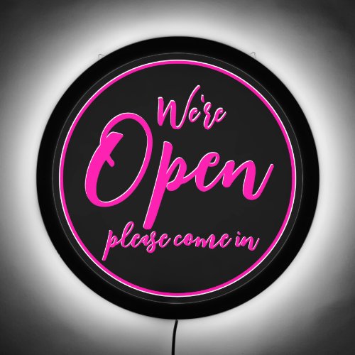 Were Open Please Come In Neon Pink  Black LED Sign