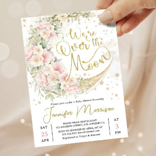 Were Over The Moon Baby Shower Girl Pink Gold Invitation