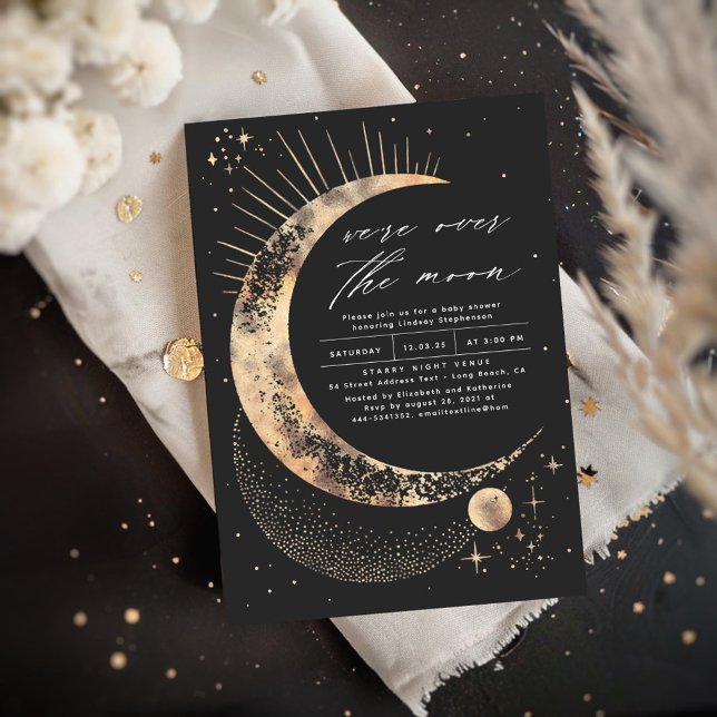 We're Over The Moon Baby Shower Invitation (Starry Night and Moon Black Baby Shower Invitations)