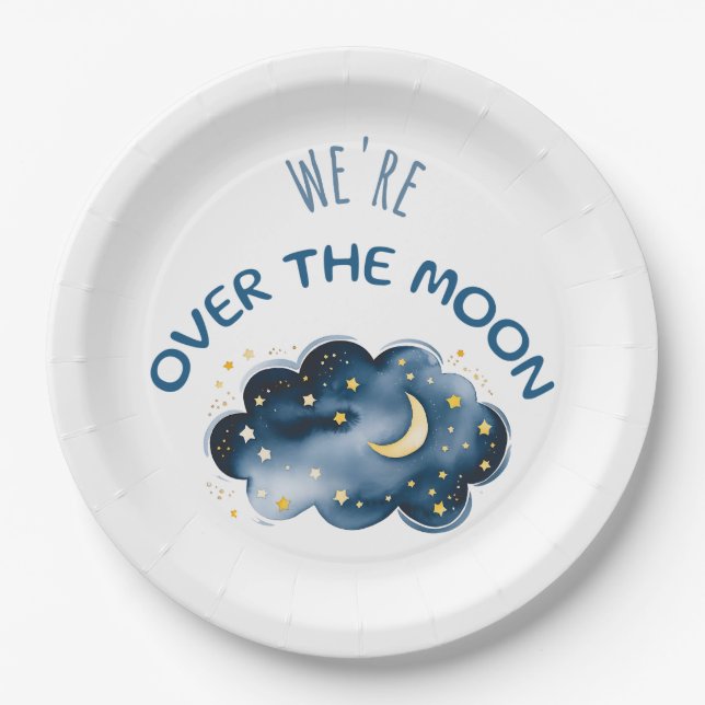 We're Over The Moon Baby Shower Paper Plates (Front)