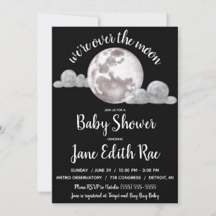 We're Over the Moon, black and white Baby Shower Invitation