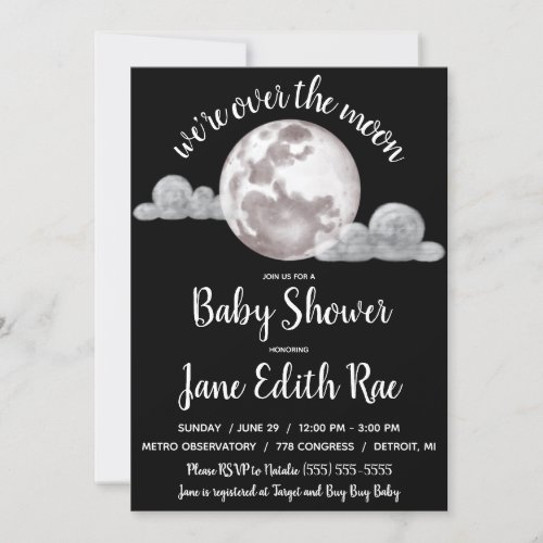 Were Over the Moon black and white Baby Shower Invitation