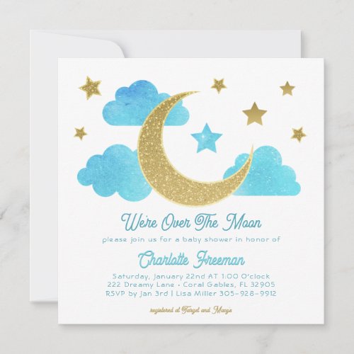 Were Over The Moon Blue Glitter Gold Baby Shower Invitation