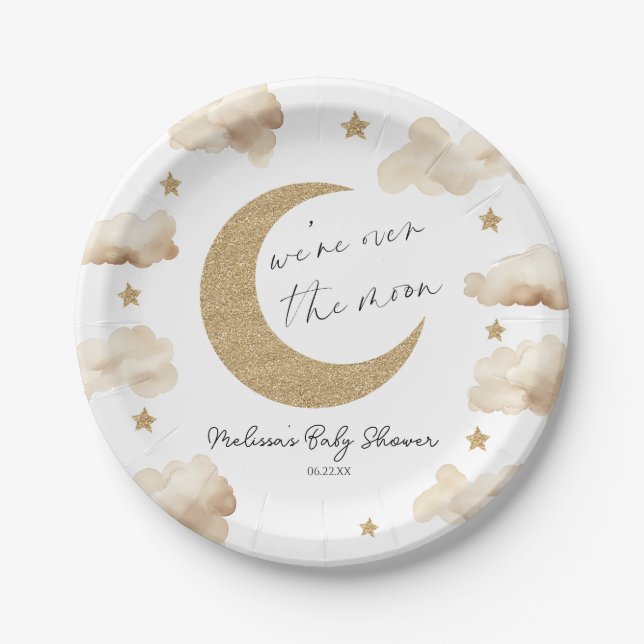We're Over The Moon Boho Celestial Baby Shower Paper Plates (Front)