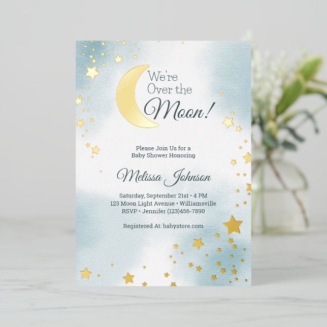 We're Over the Moon Dreamy Boy Baby Shower Foil Invitation (Standing Front)