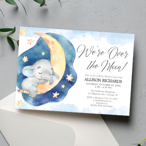 Were over the moon elephant blue boy baby shower invitation