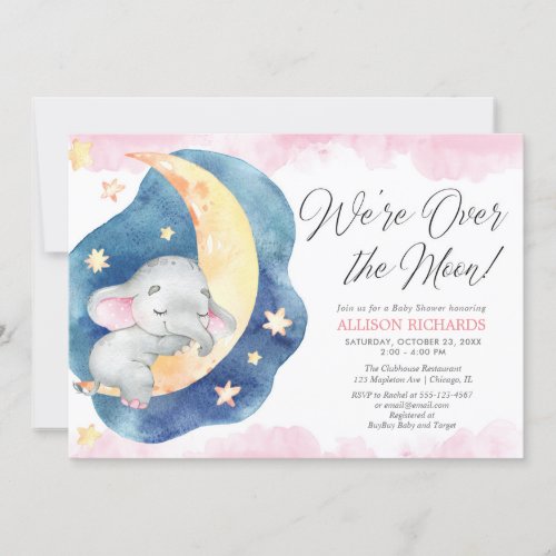 Were over the moon elephant pink girl baby shower invitation