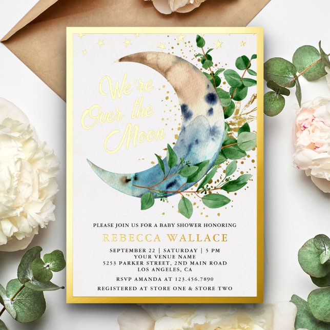 We're Over The Moon Eucalyptus Baby Shower Gold Foil Invitation (Creator Uploaded)