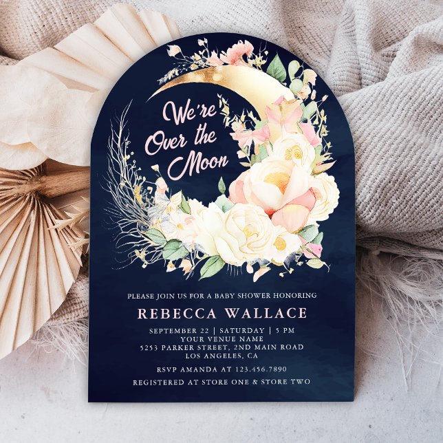 We're Over The Moon Floral Girl Navy Baby Shower Invitation (Creator Uploaded)