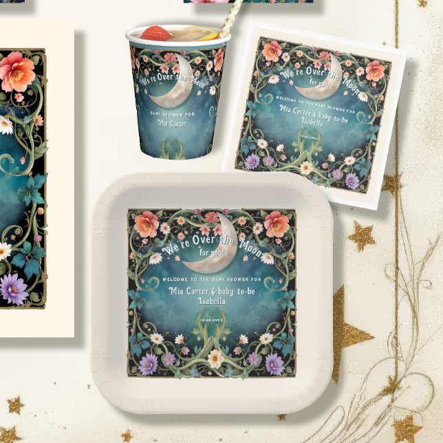 We're Over the Moon Floral Girly Girl Baby Shower Paper Plates (Creator Uploaded)