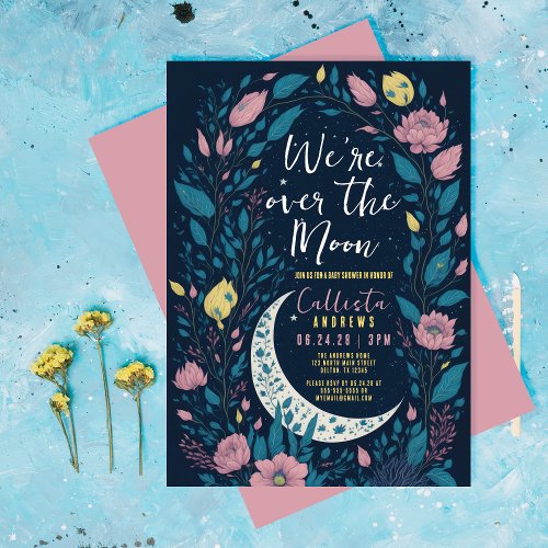 Were Over the Moon Floral Pink Yellow Baby Shower Invitation