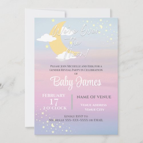 Were Over the Moon Gender Reveal Pink Blue Purple Invitation