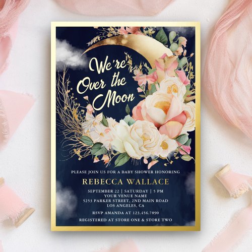 Were Over The Moon Girl Navy Baby Shower Gold Foil Invitation