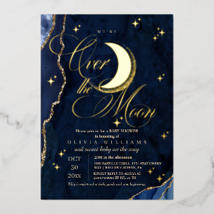 We're Over the Moon Gold Foil Boy Baby Shower Invitation