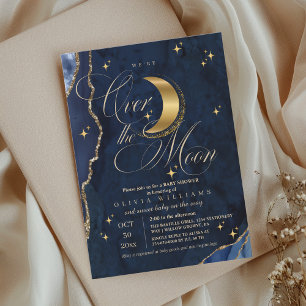 We're Over the Moon Gold Stars Blue Baby Shower  Invitation
