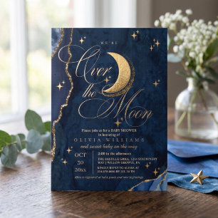 We're Over the Moon Gold Stars Blue Baby Shower  Invitation