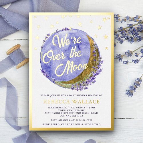 Were Over The Moon Lavender Baby Shower Gold Foil Invitation