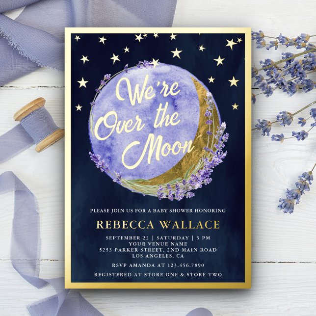 We're Over The Moon Lavender Baby Shower Navy Gold Foil Invitation (Creator Uploaded)