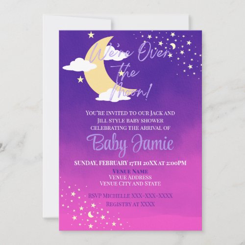 Were Over the Moon Pink and Purple Baby Shower Invitation