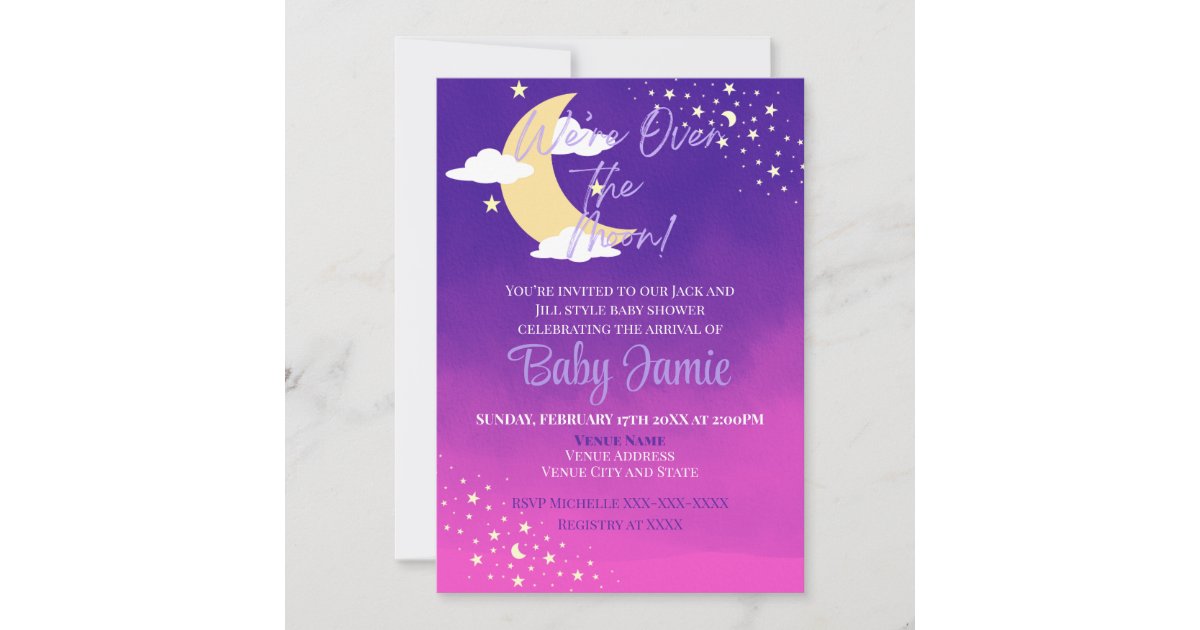 We're Over the Moon Pink and Purple Baby Shower Invitation Zazzle
