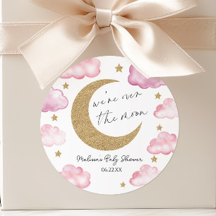 We're Over The Moon Pink Celestial Baby Shower Classic Round Sticker