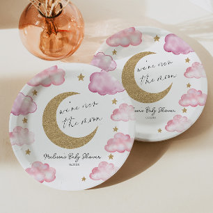 We're Over The Moon Pink Celestial Baby Shower Paper Plates